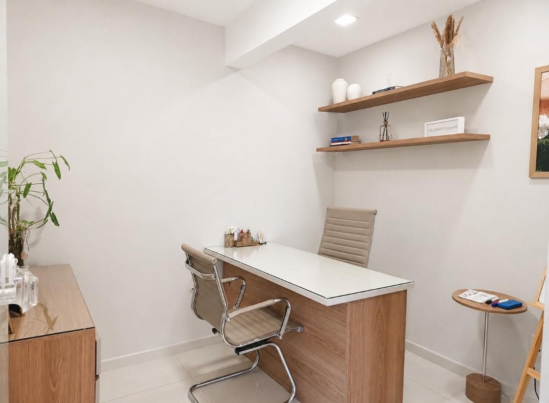 Sala de atendimento do Instituto: mesa clara, duas cadeiras, prateleiras de madeira e uma planta