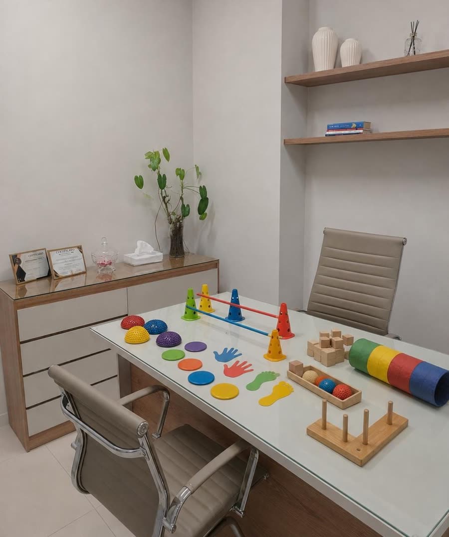 Sala de atendimento do Instituto com a mesa preparada para psicomotricidade: cones, discos de equilíbrio, marcadores de mão e pé, bolas com textura e um rolo colorido